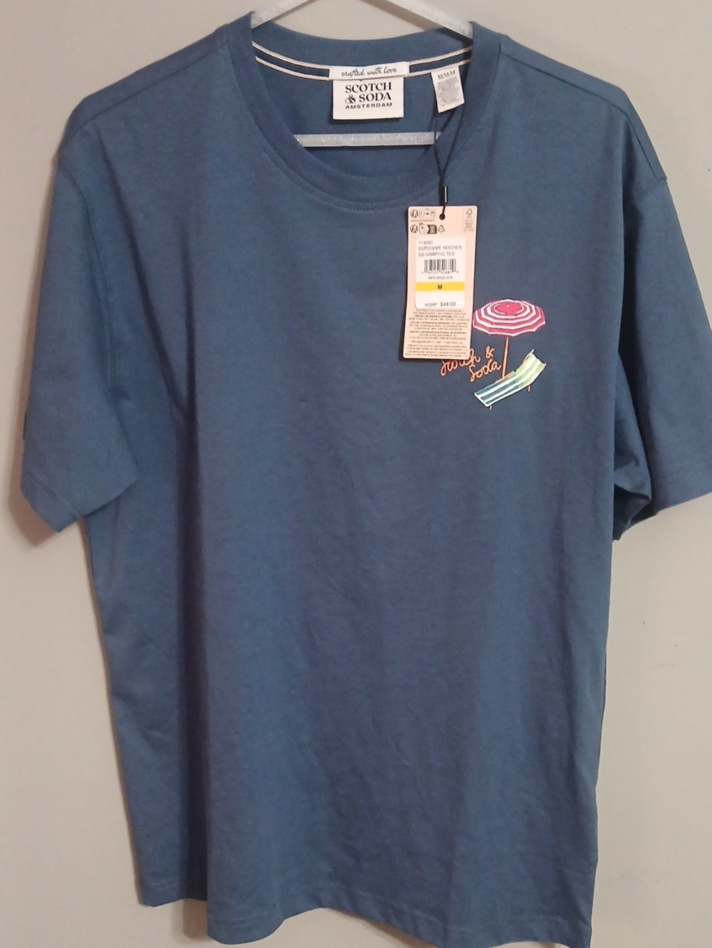 Scotch & Soda Blue Short-Sleeve Tee with Pink Umbrella Graphic